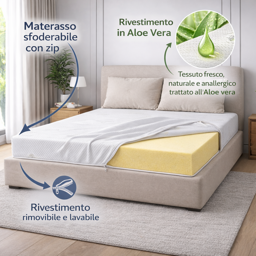 Materasso Sfoderabile con Zip in Waterfoam ad Alta Densità Rivestimento Aloe Vera