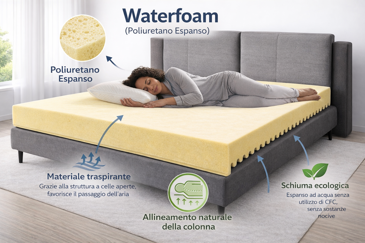 Materasso Sfoderabile con Zip in Waterfoam ad Alta Densità Rivestimento Aloe Vera