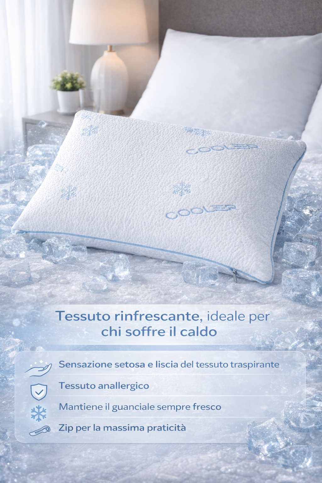 Cuscino Memory Foam con Federa ICE Effetto Ghiaccio 11 cm 13 cm 15 cm 18 cm