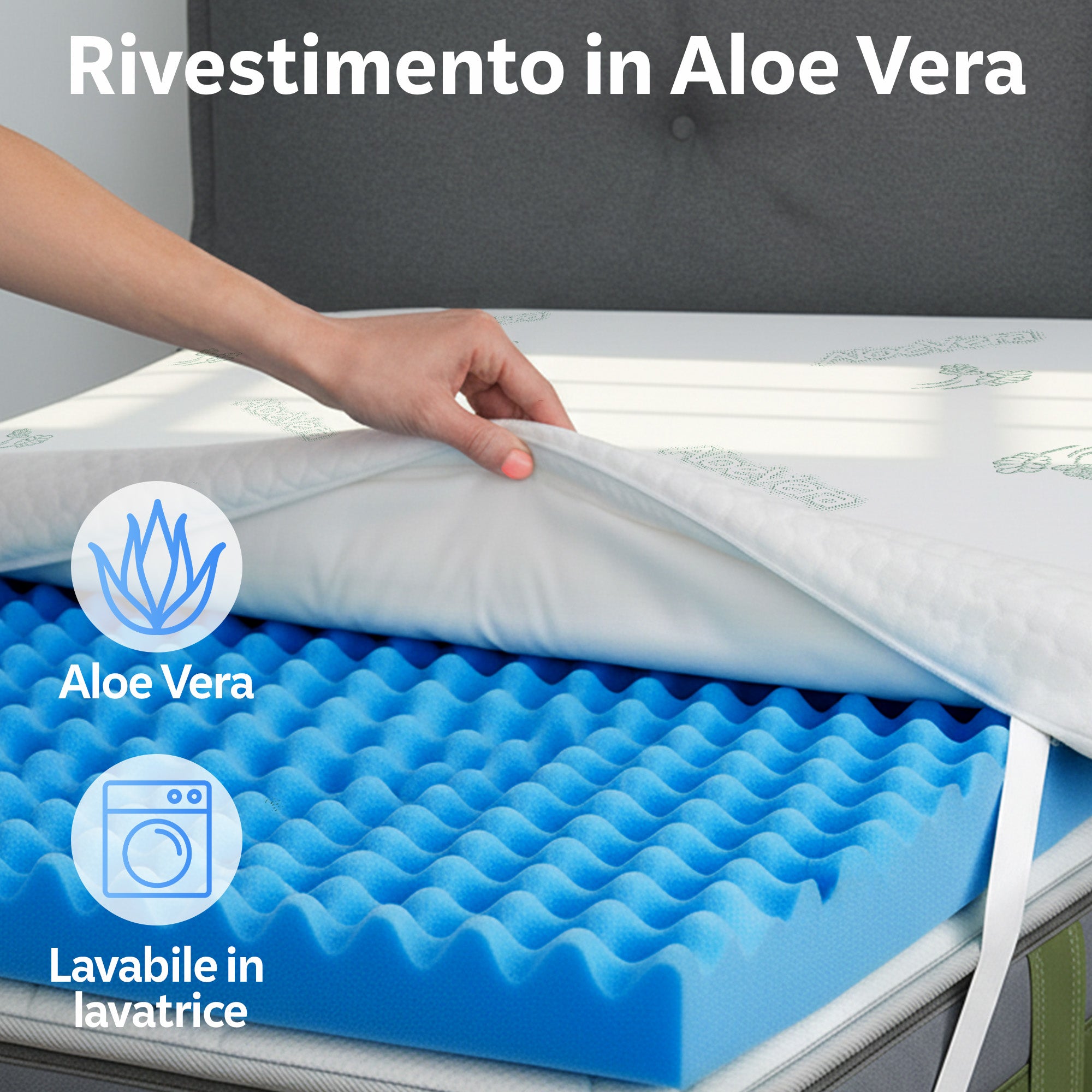 Topper "COMFYTOP" in Memory Foam 5 cm Sfoderabile in Aloe Vera